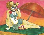  beach bikini canine collaboration dog female pose risu-chan seaside skimpy solo sunglasses towel umbrella undyingsong 