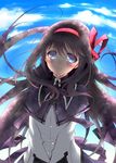  akemi_homura black_hair blue_eyes blue_sky blush cloud day hair_ribbon kotoji long_hair magical_girl mahou_shoujo_madoka_magica ribbon sky smile solo tears 