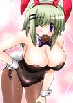  animal_ears blue_eyes breasts bunny_ears bunnysuit chocolate cleavage green_hair hair_ornament hairclip huge_breasts leaning_forward legs mouth_hold one_eye_closed pantyhose short_hair solo sugina_fujitaka thighs torikoro yuzaki_tatami 