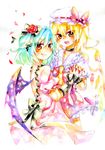  bat_wings blonde_hair blue_hair fang flandre_scarlet flower hat multiple_girls red_eyes red_flower red_rose remilia_scarlet ribbon rose siblings sisters soiri_(us) touhou traditional_media watercolor_(medium) wings 