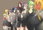  apu arrancar bad_id bad_pixiv_id bleach blonde_hair breasts cirucci_sanderwicci cleavage cyan_sung-sun dark_skin emilou_apacci eyepatch formal franceska_mila_rose green_eyes green_hair heterochromia lilynette_gingerbuck loly_aivirrne medium_breasts menoly_mallia multiple_girls nelliel_tu_odelschwanck purple_eyes purple_hair school_uniform serafuku small_breasts suit thighhighs tier_harribel zettai_ryouiki 