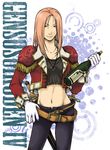  belt blonde_hair bottle female gensou_suikoden gensou_suikoden_iv gloves green_eyes halftone_background jacket jewelry kika kkotoya long_hair midriff necklace pants solo suikoden suikoden_iv sword tank_top tanktop weapon white_background 