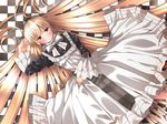 :t aqua_eyes blonde_hair blush bow bowtie checkered checkered_floor dress from_above gosick highres lace lolita_fashion long_hair lying on_back pout solo takase_muu very_long_hair victorica_de_blois wallpaper 