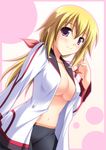  blonde_hair blush breasts charlotte_dunois cleavage infinite_stratos jewelry large_breasts long_hair navel no_bra open_clothes open_shirt pendant pilot_suit purple_eyes shirt smile solo tsuda_akira 