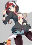  black_legwear blue_eyes blush breasts brown_hair casual curvy gen_5_pokemon hand_in_pocket hat highres hood hoodie jacket large_breasts legwear_under_shorts long_hair midriff nasudora navel no_bra open_clothes open_fly open_shirt pantyhose pokedex pokemon pokemon_(creature) pokemon_(game) pokemon_bw shirt shorts simple_background sleeves_pushed_up smile tepig thighs touko_(pokemon) unzipped 