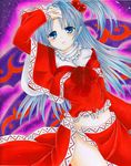  arm_up blouse blue_eyes blue_hair blush capelet curvy hair_bobbles hair_ornament long_hair marker_(medium) midriff multiple_wings navel purple_wings red_capelet shinki side_ponytail side_slit skirt solo touhou traditional_media wassmint wings 