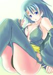  armpits ass bare_shoulders blue_eyes breasts detached_sleeves final_fantasy final_fantasy_iv green_hair green_leotard jewelry large_breasts leotard long_hair rydia sitting solo thighhighs yappy_(yapis_company) 