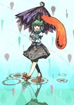  absurdres bad_id bad_pixiv_id blue_eyes blue_hair error geta heterochromia highres itomugi-kun karakasa_obake purple_umbrella rain red_eyes reflection short_hair solo tatara_kogasa tongue touhou umbrella walking water 