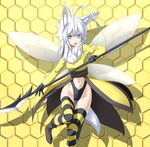  animal_ears antenna_hair blue_eyes boots gloves honeycomb_(pattern) honeycomb_background kentairui long_hair mitsuha_(kentairui) navel original polearm solo striped striped_legwear tail thighhighs weapon white_hair wings wolf_ears wolf_tail yellow_background 