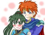  arm_grab blue_eyes blush cape couple earrings eliwood fire_emblem fire_emblem:_rekka_no_ken fire_emblem_blazing_sword from_behind green_eyes green_hair jewelry long_hair looking_back lyn lyndis_(fire_emblem) naughty_face ponytail red_hair short_hair shy smile tiara 