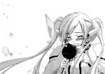  blush candy_apple chains collar eyes_closed female highres long_hair monochrome nymph_(sora_no_otoshimono) solo sora_no_otoshimono tears twintails wallpaper white_background wings 