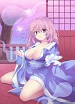 bad_id bad_pixiv_id breasts bug butterfly cherry_blossoms cleavage furumun ghost hitodama insect large_breasts no_hat no_headwear pink_eyes pink_hair saigyouji_yuyuko solo touhou 