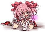  all_fours bad_id bad_pixiv_id bow hair_bow kaname_madoka mahou_shoujo_madoka_magica meiro_(yuu) pink_eyes pink_hair shoes short_twintails single_shoe skirt solo tears torn_clothes twintails 