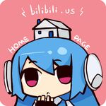  bili_girl_22 bilibili_douga blue_hair chibi hao_(patinnko) headset house lightning_bolt no_nose pink_background red_eyes short_hair solo 