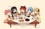  akemi_homura bag black_tea bread cake checkerboard_cookie chibi closed_eyes cookie cup cushion doughnut drill_hair eating food fork kaname_madoka kyubey long_hair macaron mahou_shoujo_madoka_magica miki_sayaka mitakihara_school_uniform multiple_girls open_mouth paper_bag parfait pie plate pocky sakura_kyouko school_uniform short_hair sitting table tablecloth tea teacup tomoe_mami tomoyami 