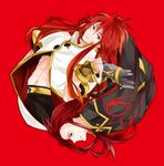  asch fingerless_gloves gloves green_eyes himuka_roko long_hair luke_fon_fabre male_focus multiple_boys red_background red_hair surcoat tales_of_(series) tales_of_the_abyss 