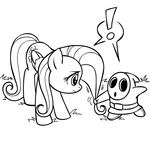  black_and_white check_source crossover equine female feral fluttershy_(mlp) friendship_is_magic line_art mammal mario_bros megasweet monochrome my_little_pony nintendo pegasus plain_background pulling_hair shy_guy shyguy video_games white_background wings worried yanking 