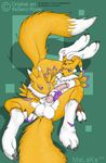  2005 balls blue_eyes canine chest_tuft claws digimon face_markings female fox licking malaka male oral penis renamon straight tail tongue unknown_artist yellow 