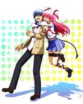  1girl angel_beats! blue_eyes blue_hair closed_eyes couple hanyuu_shion hetero hinata_(angel_beats!) hug hug_from_behind jumping long_hair pink_hair school_uniform serafuku short_hair yui_(angel_beats!) 