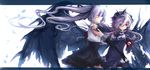  armband claws dress elbow_gloves eyepatch fang gloves hair_over_one_eye horns imi_fumei long_hair multiple_girls pixiv_fantasia pixiv_fantasia_5 red_eyes silver_hair twintails very_long_hair wings 