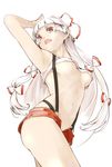  alternate_costume armpits bangs blunt_bangs bow breasts crop_top fujiwara_no_mokou hair_bow hair_ribbon hand_on_own_head long_hair md5_mismatch medium_breasts midriff navel pose red_eyes ribbon short_shorts shorts silver_hair solo suspenders touhou underboob white_hair yunar 