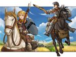  armor bag bayonet blonde_hair castle cloud clouds field gun helmet hooves horse red_eyes riding rifle shield sky weapon yana_yana 