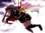  boots cravat espgaluda fingerless_gloves flying gloves hands long_hair open_mouth outstretched_arm outstretched_hand purple_hair reaching seseri_(espgaluda) solo thigh_boots thighhighs uuta_(uturautouto) wings 