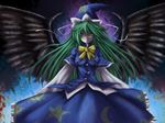  black_wings blue_capelet capelet crescent emerane green_hair hat highres long_hair mima phantasmagoria_of_dim.dream solo star sun touhou touhou_(pc-98) wings wizard_hat 