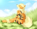  anthro arcanine black_belly blackfury blonde_hair breasts canine eyes_closed female fur grass hair mammal nintendo nude orange orange_fur outside pok&#233;mon pok&#233;morph pok&eacute;mon pok&eacute;morph side_boob sitting smile solo stripes tail video_games yellow 