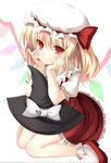  ascot bare_legs blonde_hair blush bobby_socks chin_rest flandre_scarlet hands_on_own_face hat hat_ribbon looking_at_viewer red_eyes ribbon short_hair side_ponytail simple_background sitting smile socks solo touhou wariza wings witch_hat yukizuki_chikuba 