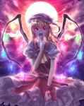  ascot blonde_hair bow dress fang flandre_scarlet happy hat highres long_hair moon necktie nyaa_(nnekoron) pointing red_eyes ribbon solo touhou vampire wings wrist_cuffs yellow_neckwear 