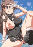  1girl blue_(pokemon) blush breast_slip breasts bukkake cum cum_on_body cum_on_breasts cum_on_clothes cum_on_upper_body nipples no_bra nori_(akusei_shinseibutsu) nori_(artist) one_breast_out panties pokemon sweat underwear v wink 