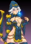  ashe_(league_of_legends) blue_eyes bow_(weapon) breasts fingerless_gloves gloves grey_hair hood large_breasts league_of_legends lips looking_at_viewer narrow_waist no_panties romehamu shiny shiny_skin solo thighhighs weapon 