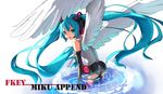  aqua_eyes aqua_hair bad_id bad_pixiv_id elbow_gloves fkey gloves hatsune_miku hatsune_miku_(append) headphones headset long_hair looking_back solo thighhighs twintails very_long_hair vocaloid vocaloid_append water wings 