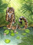  blue_eyes brown_fur brown_hair clothed clothing cute feline female ferns flower forest fur hair leaves lily long_hair mammal orange_fur pawprint ponds silent_ravyn silentravyn skimpy solo sunlight tiger tiger_lily tree water white_fur 