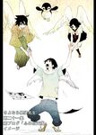  2boys ahoge angel_wings bandages bird black_hair fargo_(artist) feathers flying glasses hakama hitou_nami itoshiki_nozomu japanese_clothes kimono kumeta_kouji lifting looking_up male_focus multiple_boys paper pen penguin sandals sayonara_zetsubou_sensei school_uniform serafuku short_hair simple_background skirt smile wings 