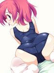  ass blue_eyes copyright_request feet looking_back one-piece_swimsuit pink_hair school_swimsuit socks solo swimsuit twintails yamano_sachi 