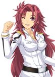  alice_soft belt breasts cleavage daiteikoku empire_of_japan erect_nipples female highres jewelry kurenasm large_breasts long_hair medal military military_uniform nagumo_keiko necklace open_mouth purple_eyes red_hair simple_background smile solo uniform white_background wink 
