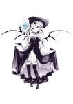 alternate_costume bare_shoulders bat_wings commentary curtsey detached_sleeves dress flower full_body hat i-la lace lace-trimmed_thighhighs millipen_(medium) monochrome nib_pen_(medium) red_eyes remilia_scarlet short_hair smile solo spot_color thighhighs touhou traditional_media transparent_background wings 