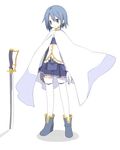  blue_eyes blue_hair cape expressionless full_body gloves highres mahou_shoujo_madoka_magica miki_sayaka mitsusaka_mitsumi short_hair simple_background solo standing sword thighhighs weapon white_gloves white_legwear 