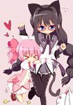  &gt;_&lt; akemi_homura animal_ears black_hair braid bubble_skirt cat_ears closed_eyes glasses gloves grey_skirt hair_ribbon hairband happy heart hug hug_from_behind jpeg_artifacts kaname_madoka kemonomimi_mode kyubey long_hair magical_girl mahou_shoujo_madoka_magica matsubara_ryuu multiple_girls pantyhose pink_hair red-framed_eyewear ribbon short_twintails skirt smile spoilers tail twin_braids twintails white_gloves 