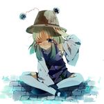  adjusting_clothes adjusting_hat bad_id bad_pixiv_id blonde_hair blue_eyes detached_sleeves hat highres indian_style mary_janes moriya_suwako one_eye_closed remireiha scratches shoes sitting solo thighhighs torn_clothes touhou wavy_mouth white_legwear 