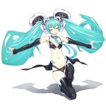  aqua_hair armpits boots closed_eyes detached_sleeves floating_hair hatsune_miku long_hair navel necktie outstretched_arms skirt solo spread_arms takada_kazuhiro thigh_boots thighhighs twintails very_long_hair vocaloid 