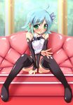  ahoge bare_shoulders black_panties blue_hair blush breasts bridal_gauntlets couch covered_nipples dream_c_club dream_c_club_(series) elbow_gloves gloves green_eyes multicolored_hair nonono_(dream_c_club) panties panty_pull short_hair sitting small_breasts solo sparkle tachibana_surimu thighhighs underwear 