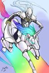  a4que armor blazblue crossover full_armor glowing glowing_eyes hakumen highres horn long_hair multicolored_hair rainbow riding robot robot_unicorn_attack silver_hair sword unicorn weapon 