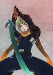  belt bodysuit fang gloves green_hair headband kei_(inu_no_ura) kneeling looking_at_viewer male_focus messy_hair pauldrons scarf solo sword weapon wild_arms wild_arms_1 zed 