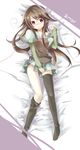  bad_id bad_pixiv_id bed_sheet brown_hair highres lying mishima_kurone original purple_eyes sheet_grab shy sock_pull solo thighhighs 