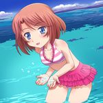  :d bangs bikini bikini_skirt blue_eyes blush body_blush breasts brown_hair cardfight!!_vanguard cloud cowboy_shot cupping_hands day frilled_bikini frills from_side layered_skirt leaning_forward looking_at_viewer meow_(nekodenki) ocean open_mouth outdoors sendou_emi short_hair skirt sky small_breasts smile solo striped striped_bikini swimsuit wading water 