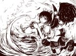  geta hat instrument looking_at_viewer monochrome shameimaru_aya short_hair solo taichi_(tomo) tengu-geta tokin_hat touhou trumpet wings 