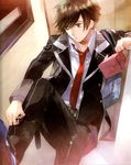  artist_request bag belt brown_eyes brown_hair buckle expressionless male_focus necktie satchel shirt shoes sneakers solo starry_sky_(game) touzuki_suzuya uniform 